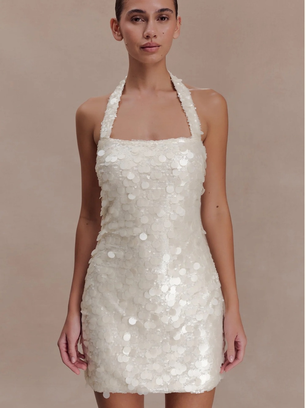 Meshki Cream Sequin Halter Mini Dress